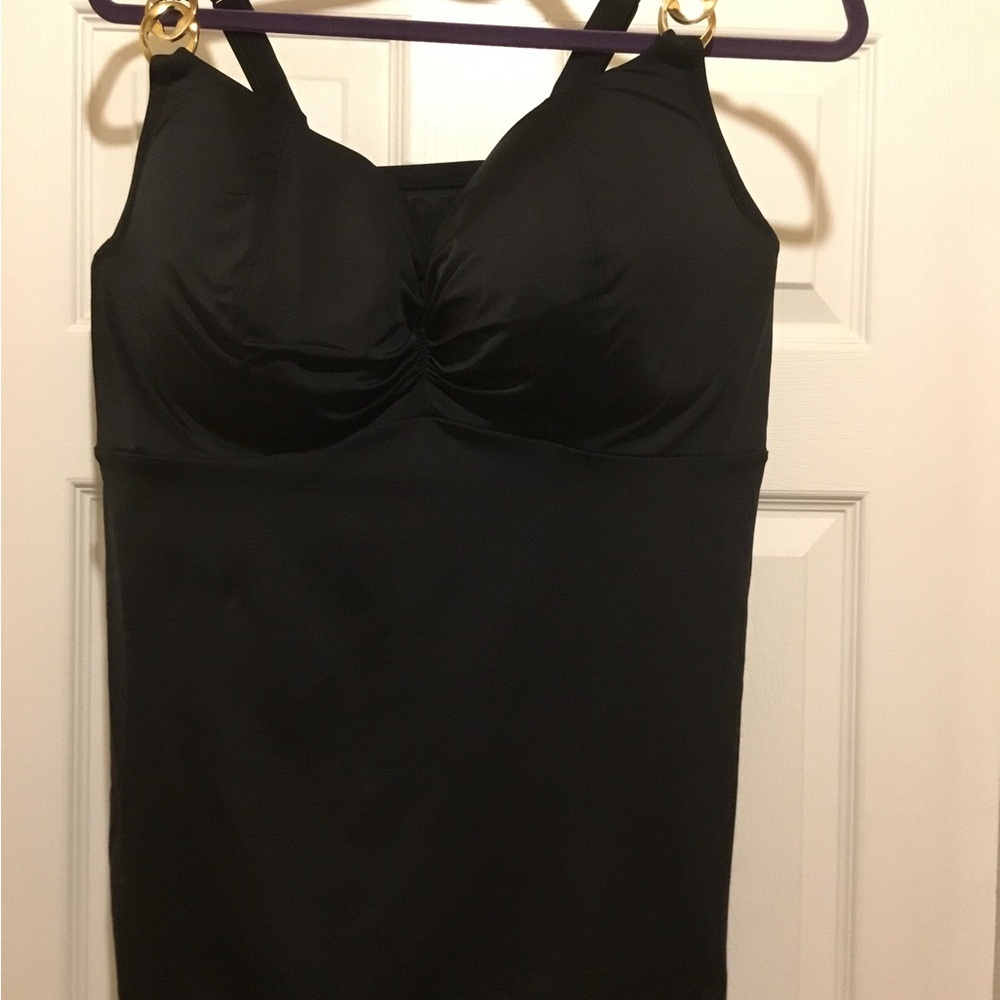 Black Sleeveless Swim Top with Gold Accents